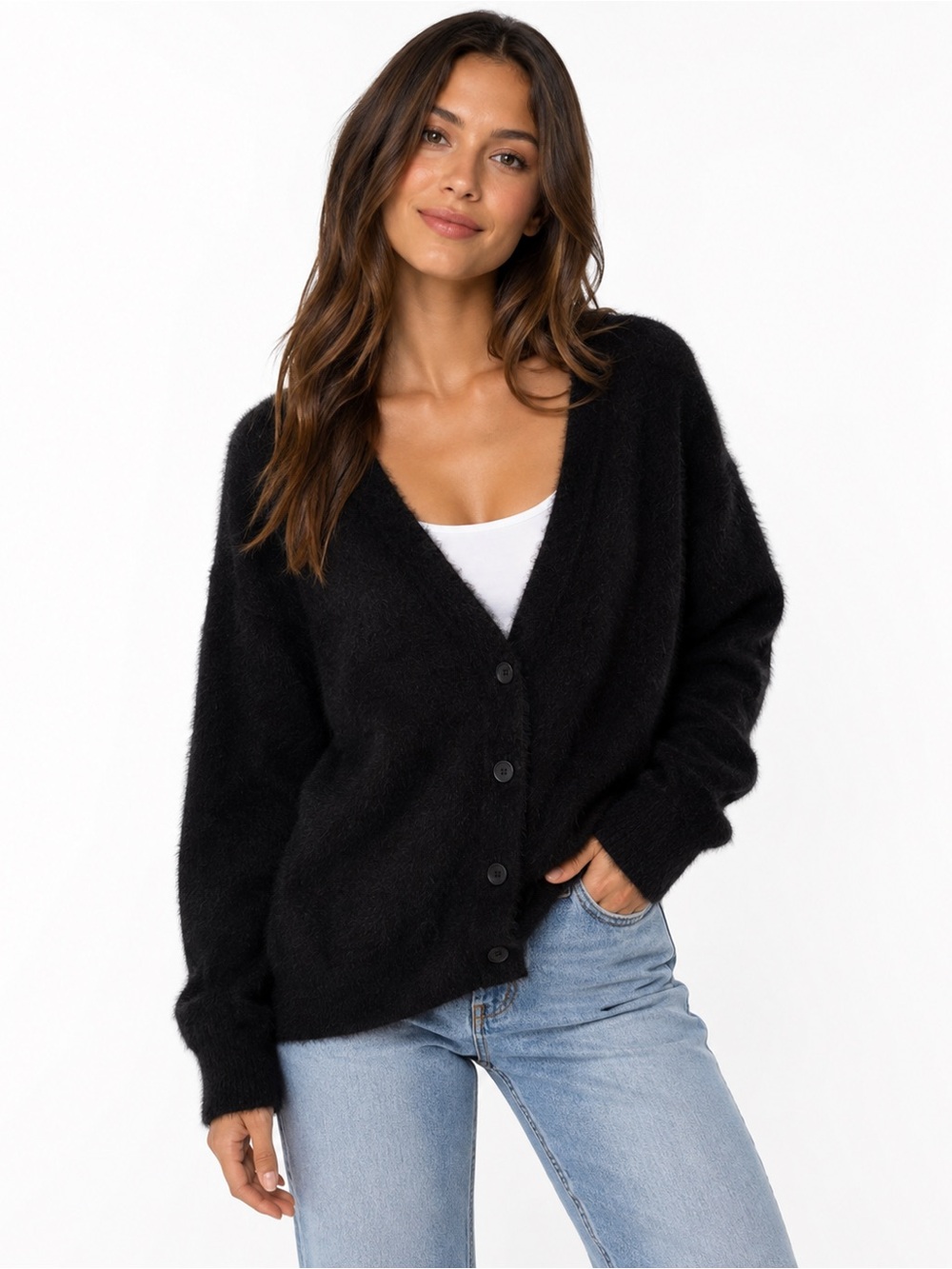 Abound Fuzzy Button Front Cardigan Sweater Black Size Large NWT Cozy Oversized